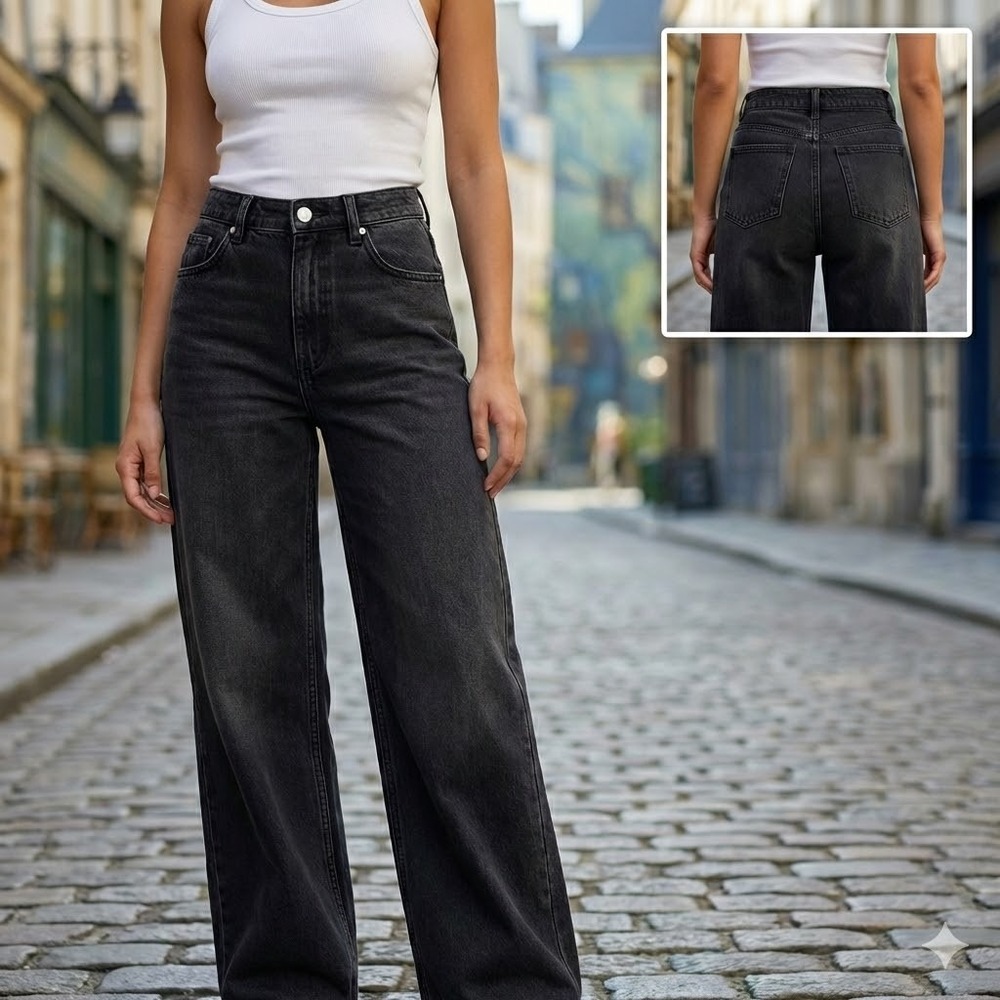 Princess Polly Naylor Wide‎ Leg Jeans Women's US 2 Washed Black Rigid Denim NWT